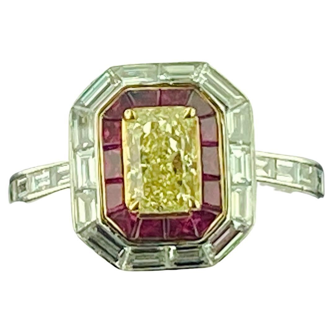 1.13 Ct Radiant Cut Diamond and Ruby Ring in Platinum For Sale