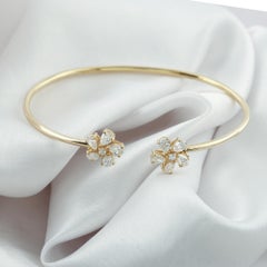 Natrual 1.13 Ct SI/H Diamond Floral Open Cuff Bracelet 18K Yellow Gold Jewelry