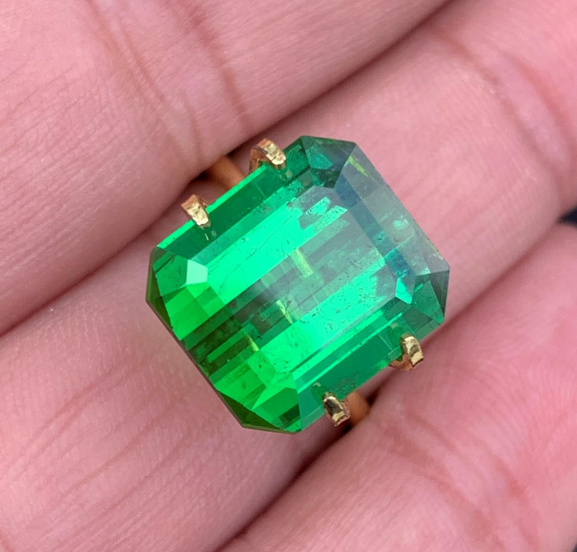 Faceted Tourmaline
Weight: 11.30 Carats
Dimension: 12.8x11.4x8.6 Mm
Origin: Kunar Afghanistan Mine
Shape: Emerald 
Color: Green
Quality: SI
Certificate: On Demand
Green Tourmaline moves healing energy throughout the body, bringing a sense of