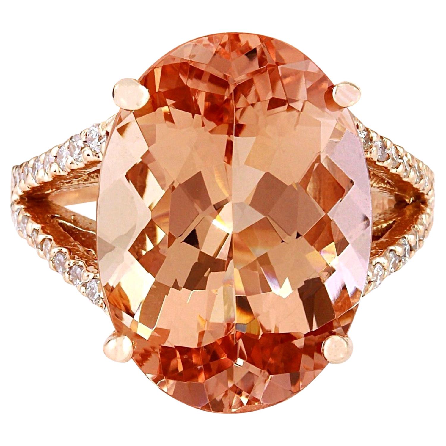 11.30 Carat Natural Morganite 18 Karat Solid Rose Gold Diamond Ring For Sale