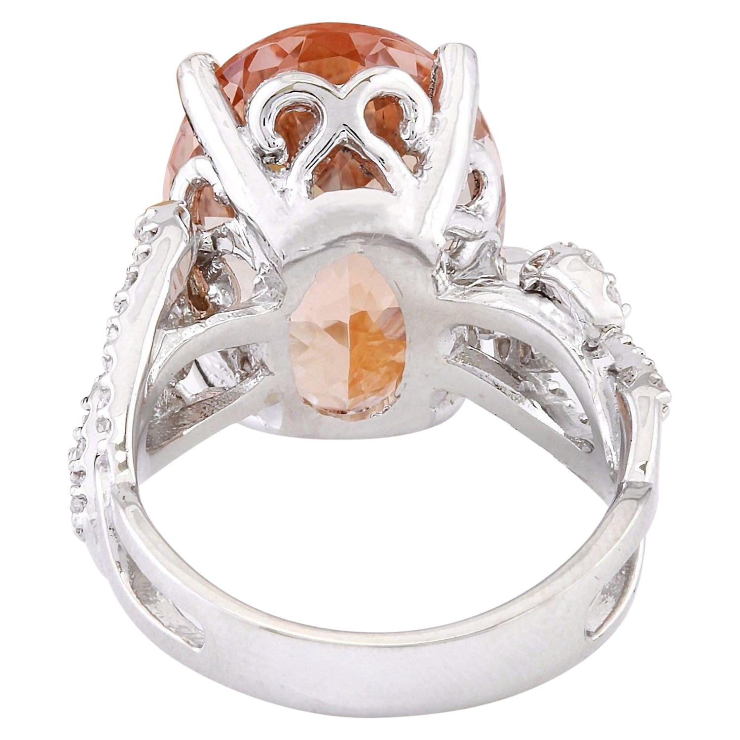 Oval Cut Morganite Diamond Ring In 14 Karat Solid White Gold For Sale