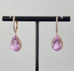 11.30 Carat Pear Shape Kunzite and Diamond Drop Dangle Earrings