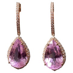 11.30 Carat Pear Shape Kunzite and Diamond Drop Dangle Earrings