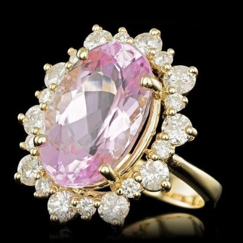 11.30 Carats Natural Kunzite and Diamond 14K Solid Yellow Gold Ring

Total Natural Oval Cut Kunzite Weights: 9.90 Carats 

Kunzite Measures: 17.00 x 10.00 mm

Natural Round Diamonds Weight: 1.40 Carats (color G-H / Clarity SI1-SI2)

Ring size: 7