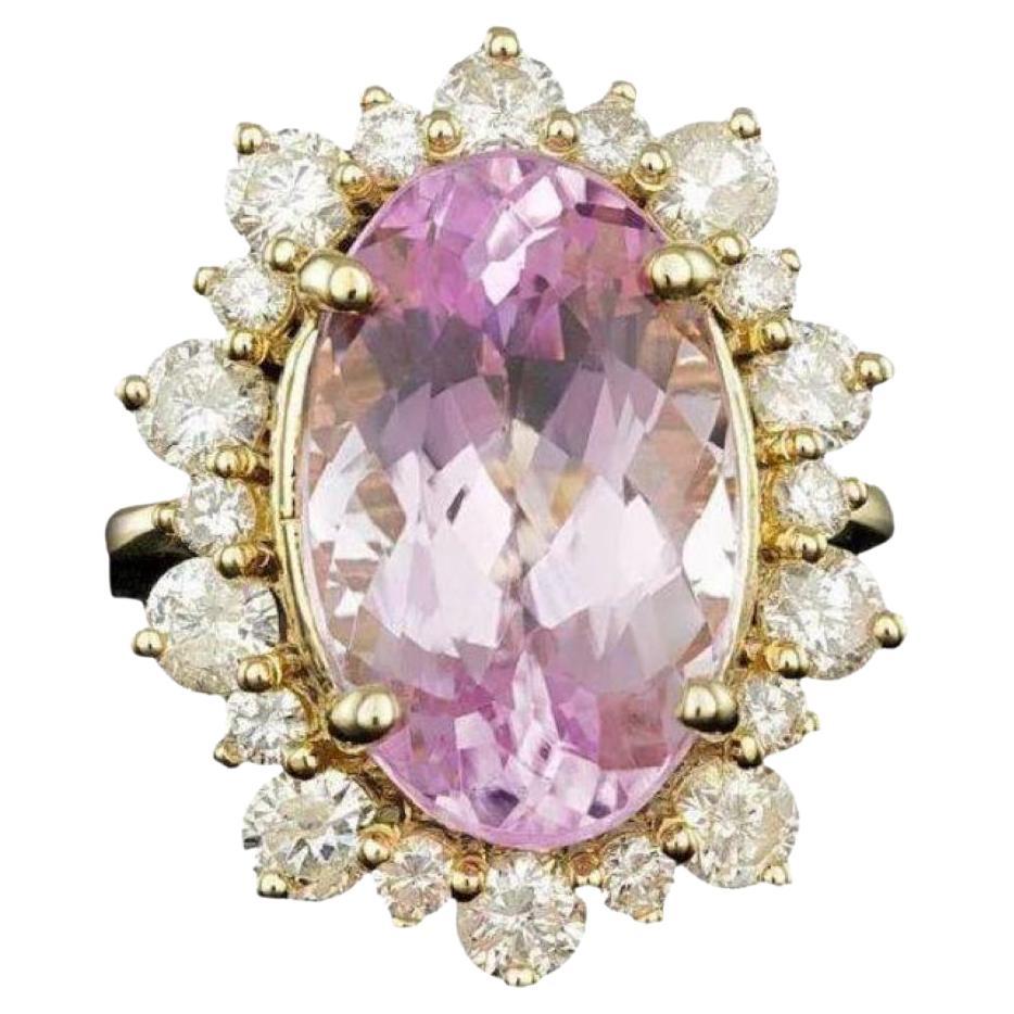 11.30 Carats Natural Kunzite and Diamond 14K Solid Yellow Gold Ring For Sale