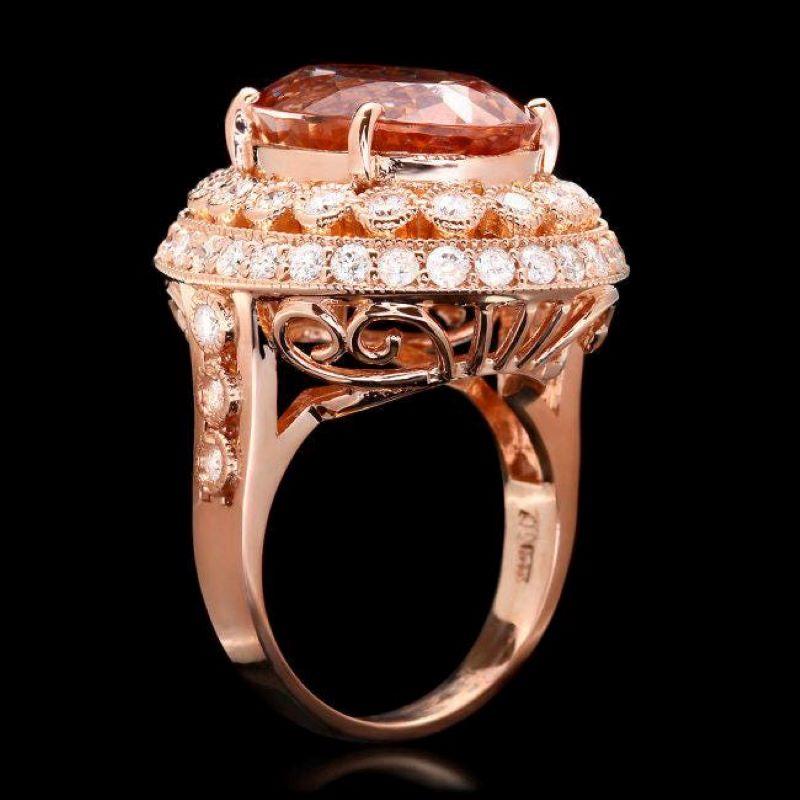 11.30 Carats Natural Morganite and Diamond 14K Solid Rose Gold Ring

Total Natural Oval Morganite Weights: Approx. 9.80 Carats

Morganite Measures: Approx. 16.00 x 12.00mm

Natural Round Diamonds Weight: Approx. 1.50 Carats (color G-H / Clarity