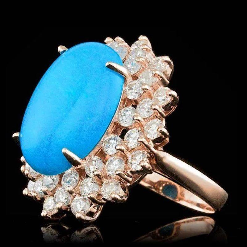 11.30 Carats Natural Turquoise and Diamond 14K Solid Rose Gold Ring

Total Natural Oval Turquoise Weight is: Approx. 8.40 Carats 

Turquoise Measures: 18.00 x 13.00mm 

Natural Round Diamonds Weight: Approx. 2.90 Carats (color G-H / Clarity