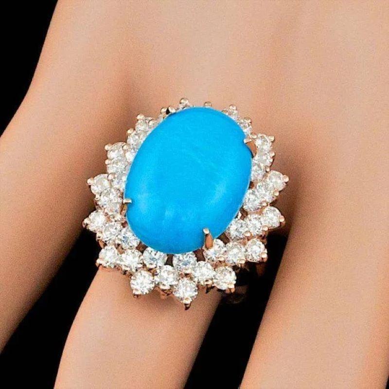 Mixed Cut 11.30 Carats Natural Turquoise and Diamond 14K Solid Rose Gold Ring For Sale