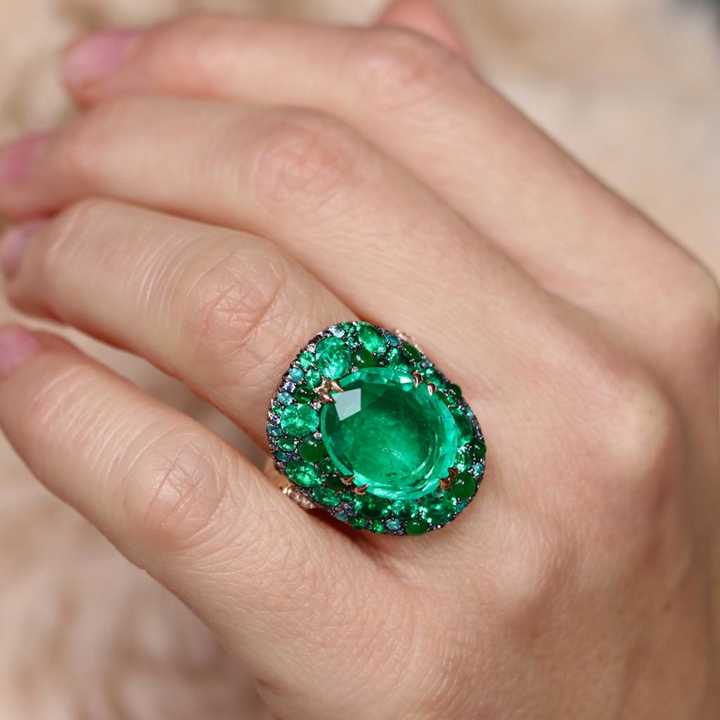 11.30 Ct. Colombian Emerald Burmese Jadeite Paraiba Tourmaline Blue Diamond Ring 4