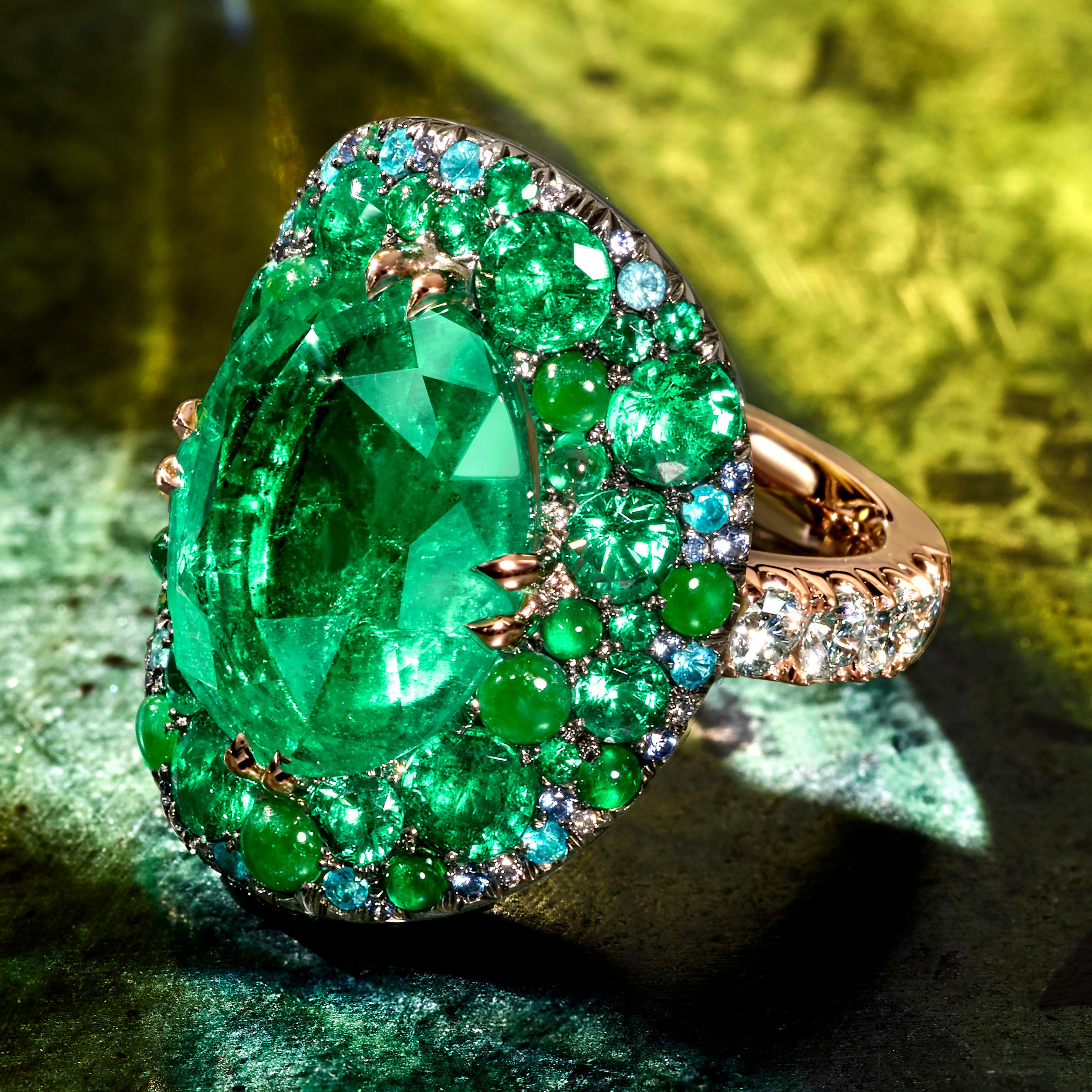11.30 Ct. Colombian Emerald Burmese Jadeite Paraiba Tourmaline Blue Diamond Ring 7