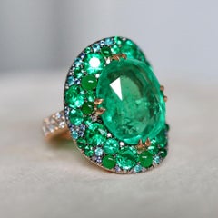 11.30 Ct. Colombian Emerald Burmese Jadeite Paraiba Tourmaline Blue Diamond Ring