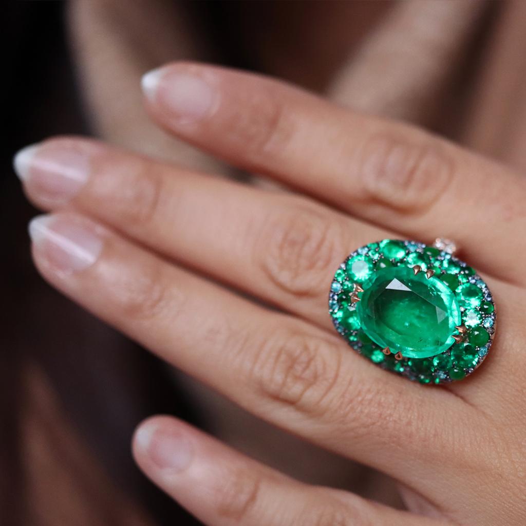 11.30 Ct. Colombian Emerald Burmese Jadeite Paraiba Tourmaline Blue Diamond Ring 11