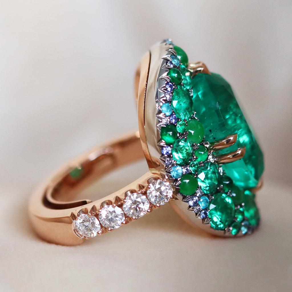 Contemporary 11.30 Ct. Colombian Emerald Burmese Jadeite Paraiba Tourmaline Blue Diamond Ring