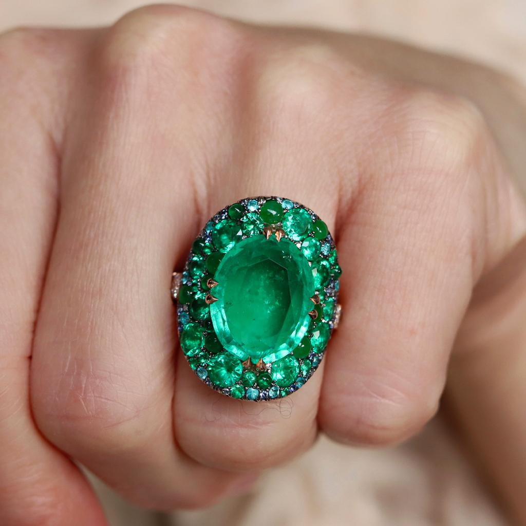 Women's 11.30 Ct. Colombian Emerald Burmese Jadeite Paraiba Tourmaline Blue Diamond Ring