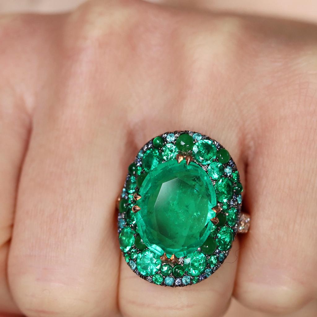 11.30 Ct. Colombian Emerald Burmese Jadeite Paraiba Tourmaline Blue Diamond Ring 1
