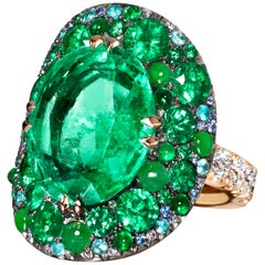 11.30 Ct. Colombian Emerald Burmese Jadeite Paraiba Tourmaline Blue Diamond Ring