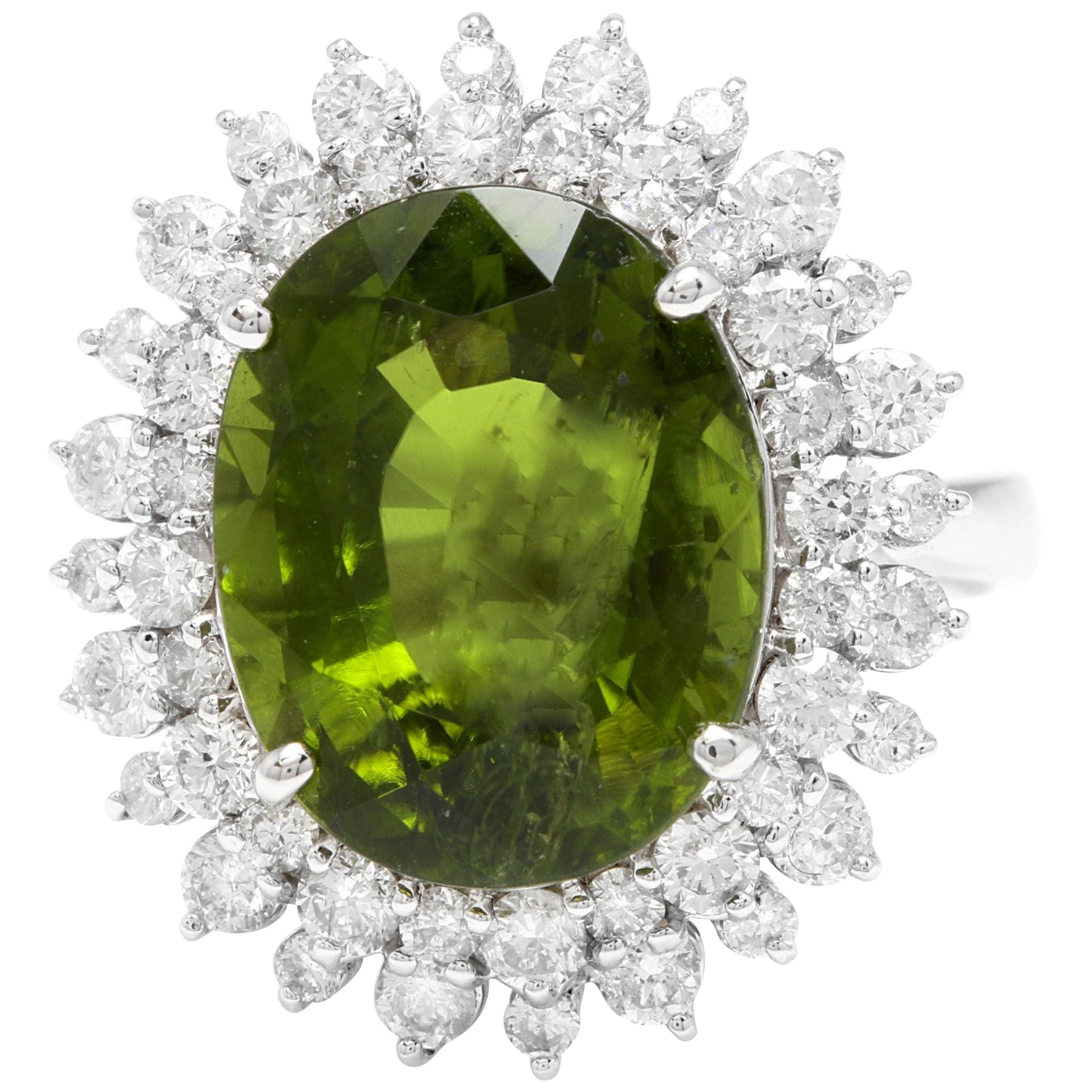 11.30 Ct Natural Looking Green Tourmaline and Diamond 14 Karat Solid Gold Ring For Sale
