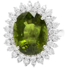 11.30 Ct Natural Looking Green Tourmaline and Diamond 14 Karat Solid Gold Ring