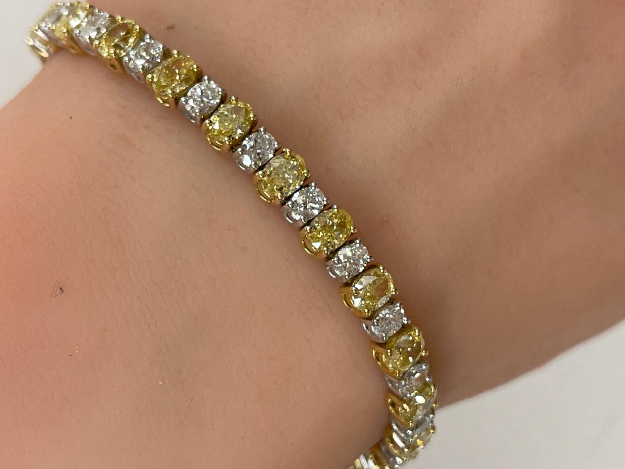 Oval Cut 11.30Ctw. Alternating Fancy Yellow & Oval Diamond Bracelet in 18K Two Tone Gold For Sale