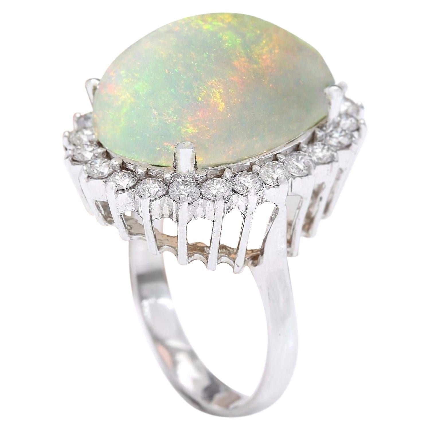 Oval Cut Opal Diamond Ring In 14 Karat Solid White Gold For Sale