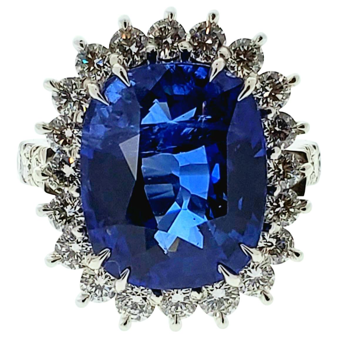 11.31 Carat Sapphire and Diamond Halo Ring in Platinum