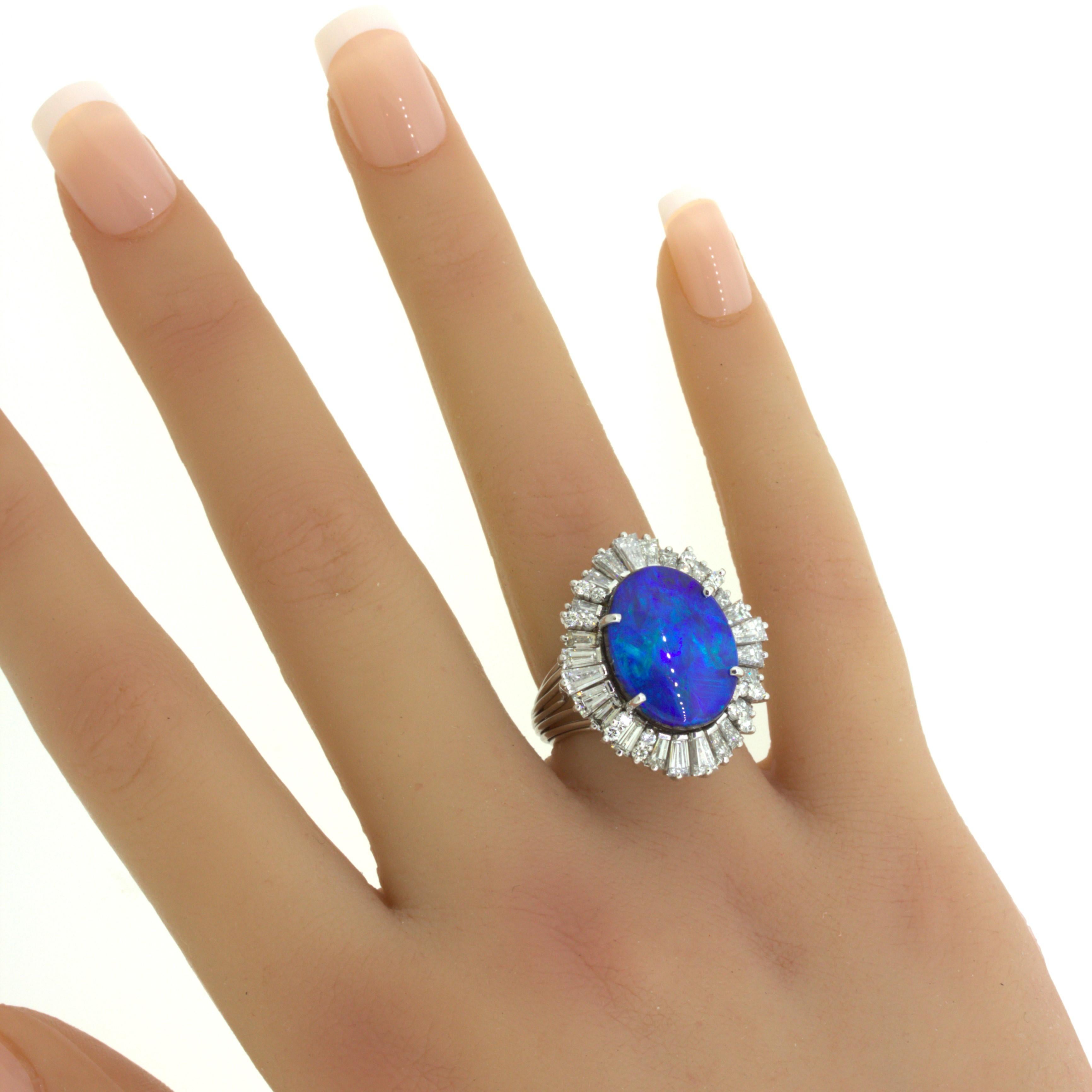 11.32 Carat Australian Boulder Opal Diamond Sunburst 18k White Gold Ring For Sale 6