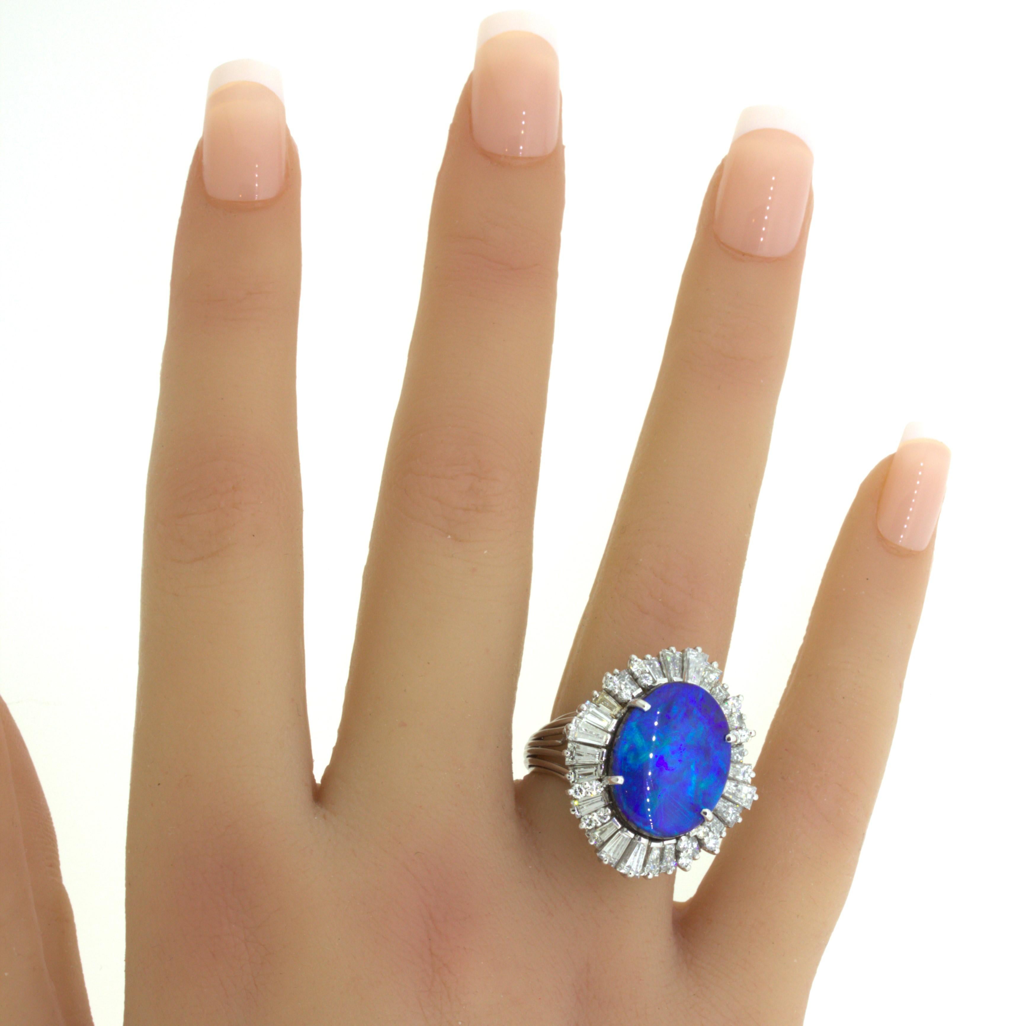 11.32 Carat Australian Boulder Opal Diamond Sunburst 18k White Gold Ring For Sale 7