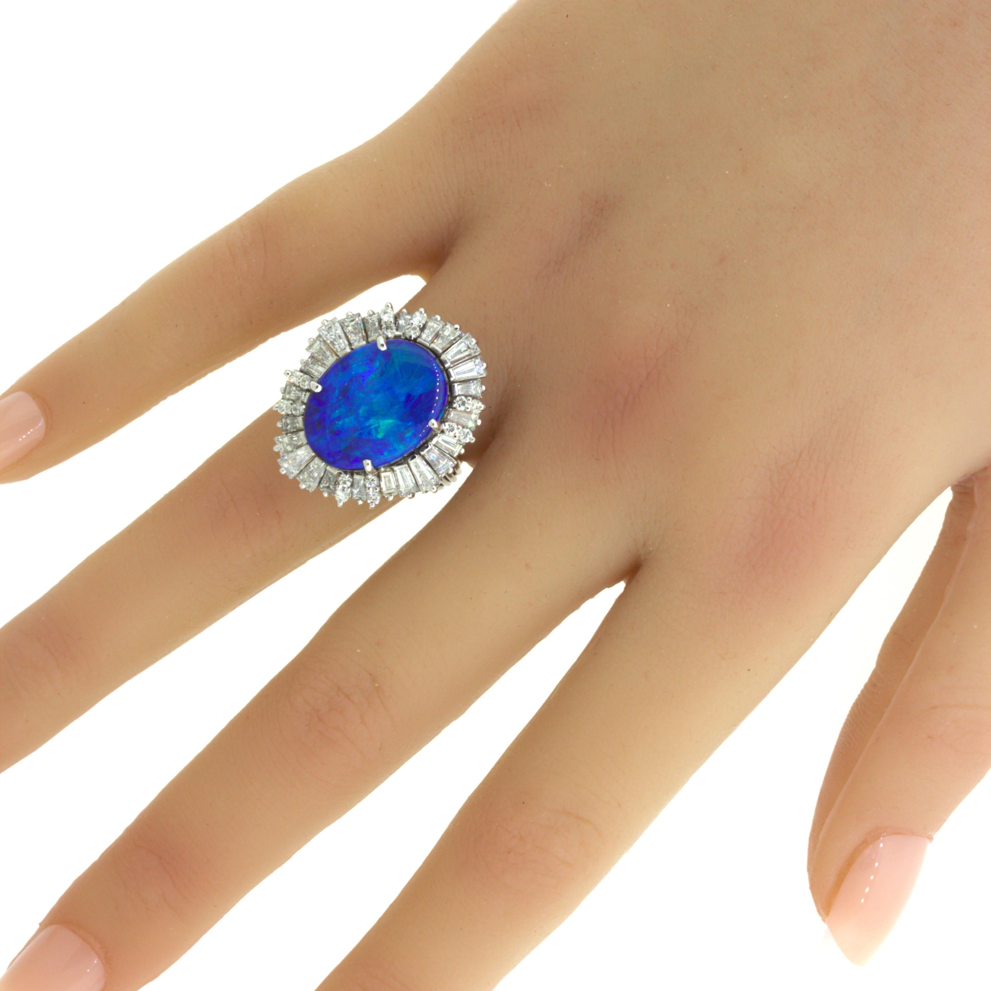 11.32 Carat Australian Boulder Opal Diamond Sunburst 18k White Gold Ring For Sale 8