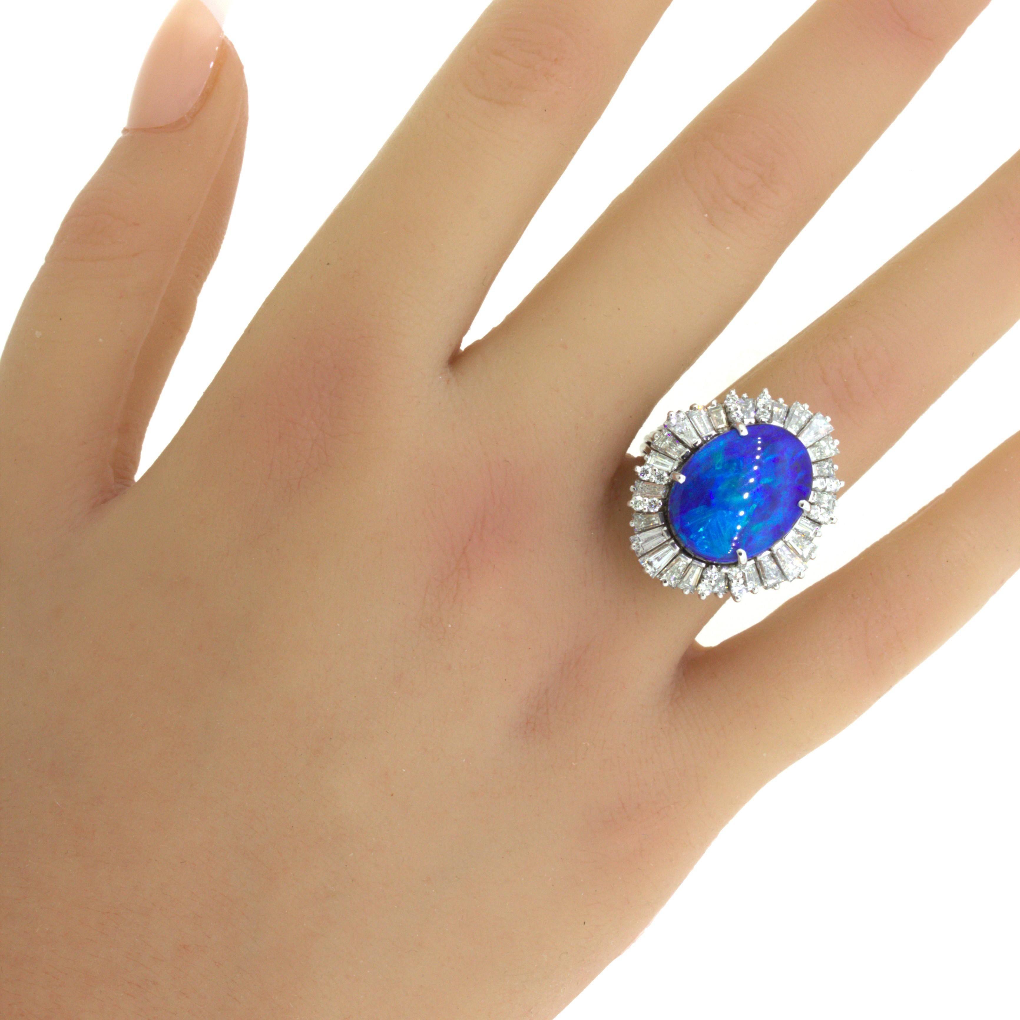 11.32 Carat Australian Boulder Opal Diamond Sunburst 18k White Gold Ring For Sale 10