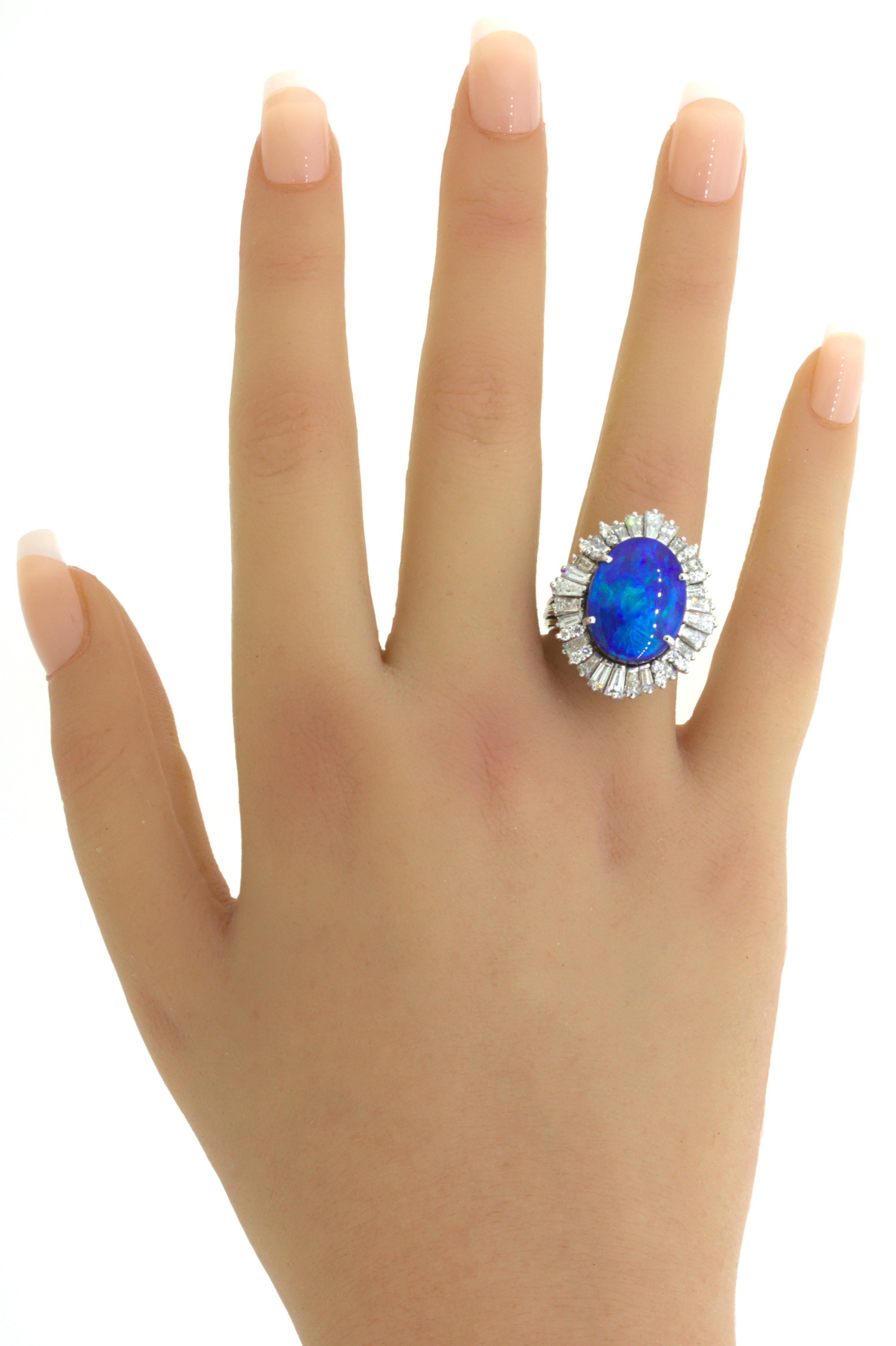 11.32 Carat Australian Boulder Opal Diamond Sunburst 18k White Gold Ring For Sale 11