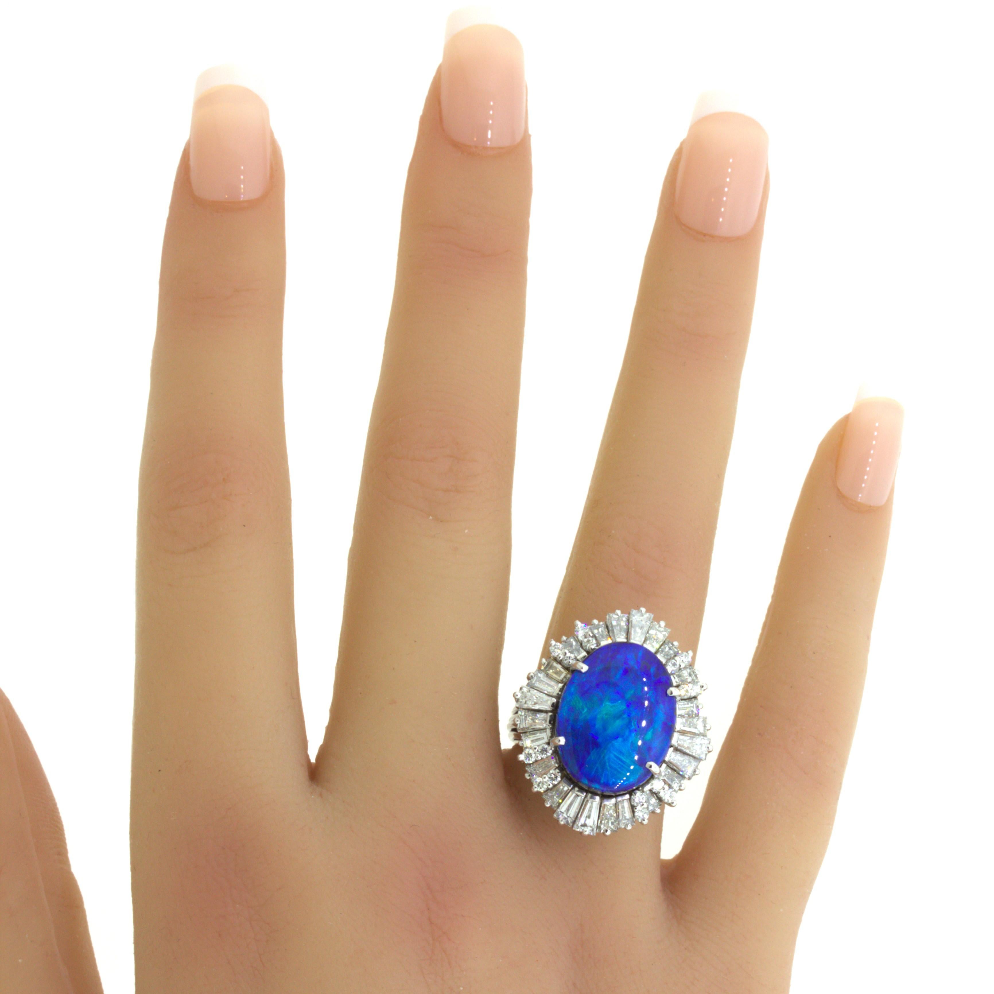 11.32 Carat Australian Boulder Opal Diamond Sunburst 18k White Gold Ring For Sale 12