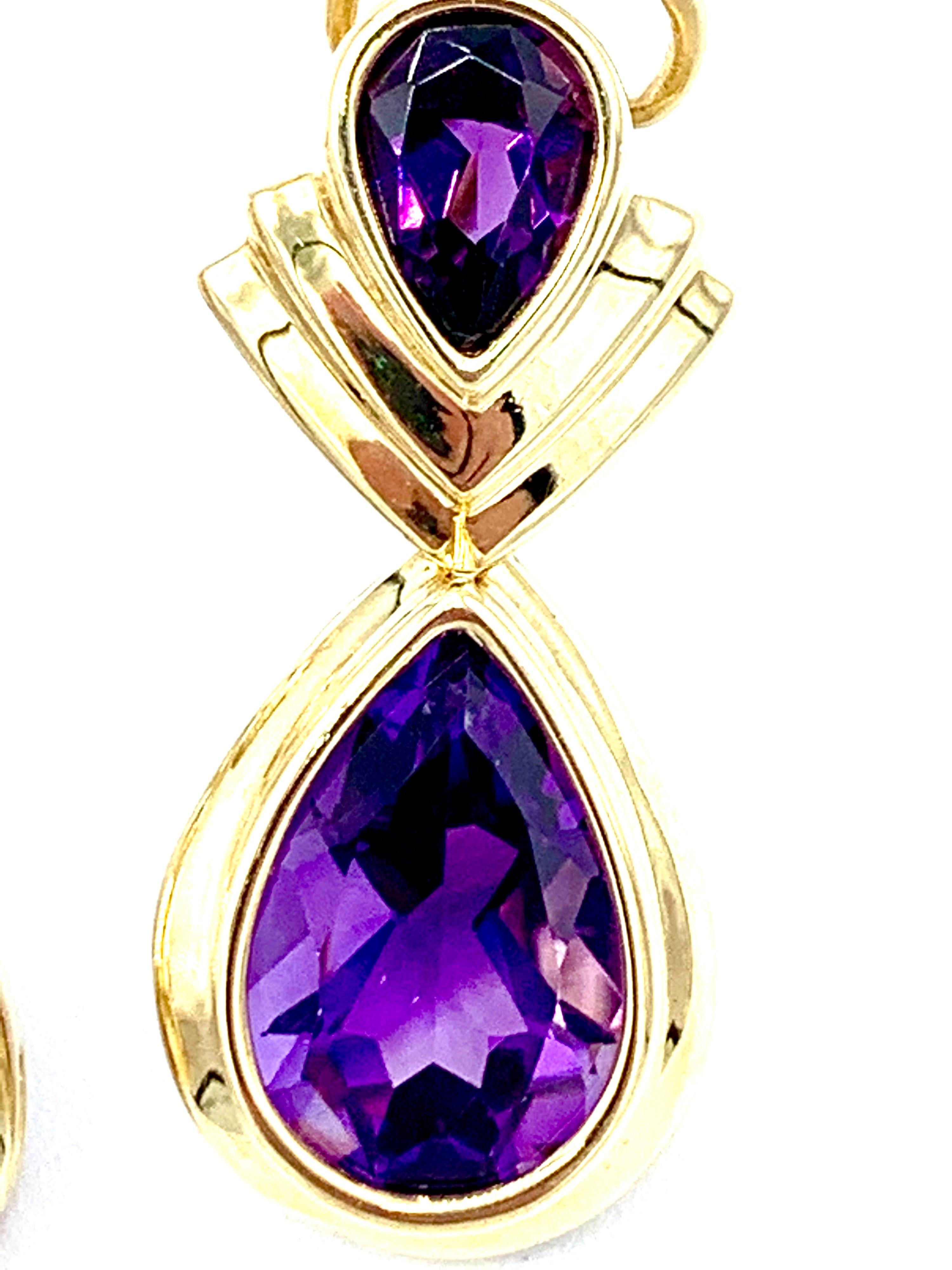 11.32 Carat Pear Shape Amethyst and Yellow Gold Clip Post Drop Earrings In Excellent Condition In Chevy Chase, MD