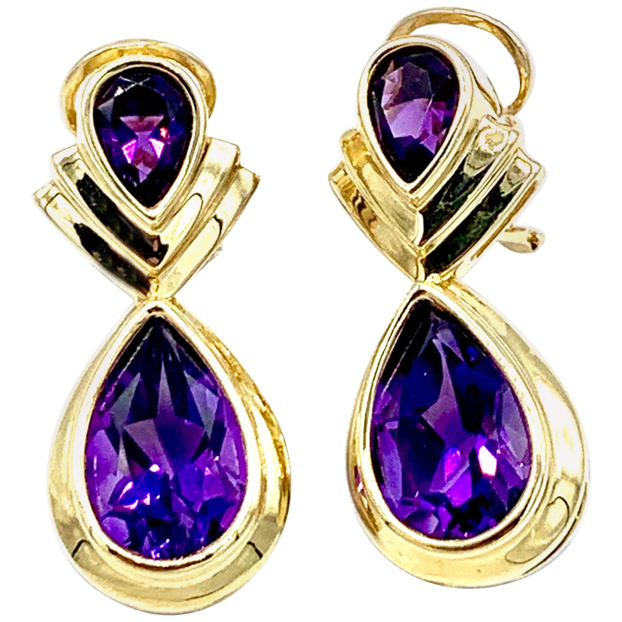 11.32 Carat Pear Shape Amethyst and Yellow Gold Clip Post Drop Earrings