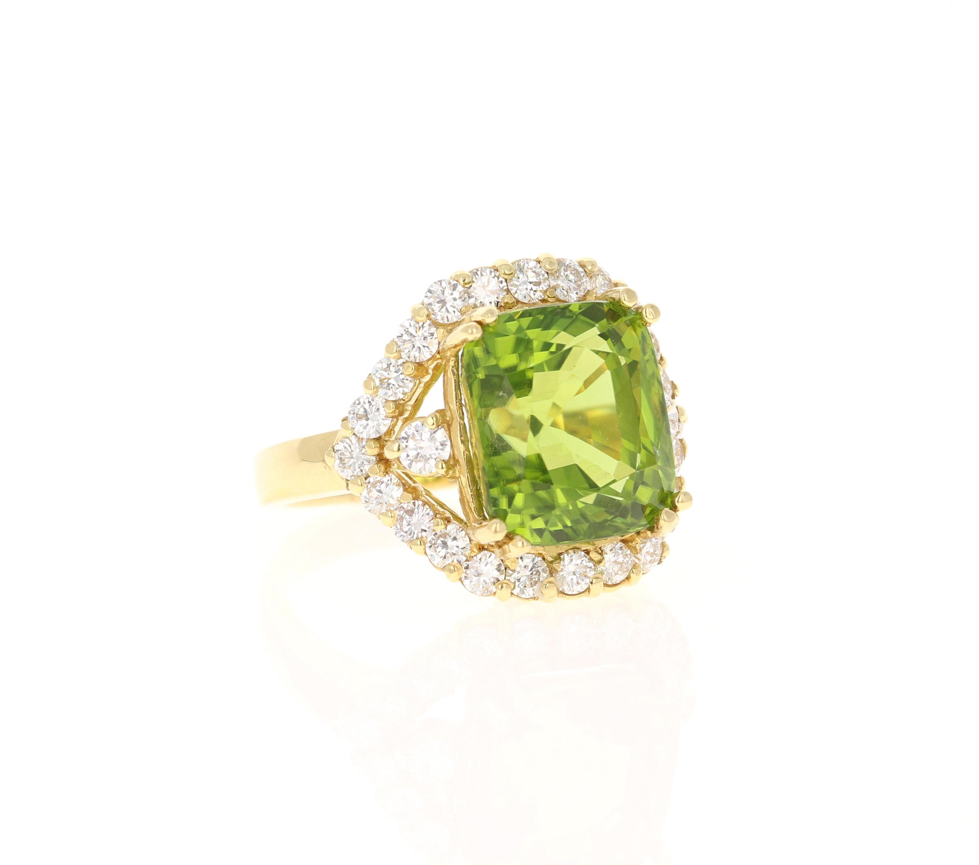 This Peridot and Diamond Ring has a stunning 10.12 Carat Cushion Cut Peridot and has Natural Round Cut Diamonds weighing 1.20 Carats. The Clarity and Color of the Diamonds is VS2 - H. The Total Carat Weight of the ring is 11.32 Carats. 

It is set