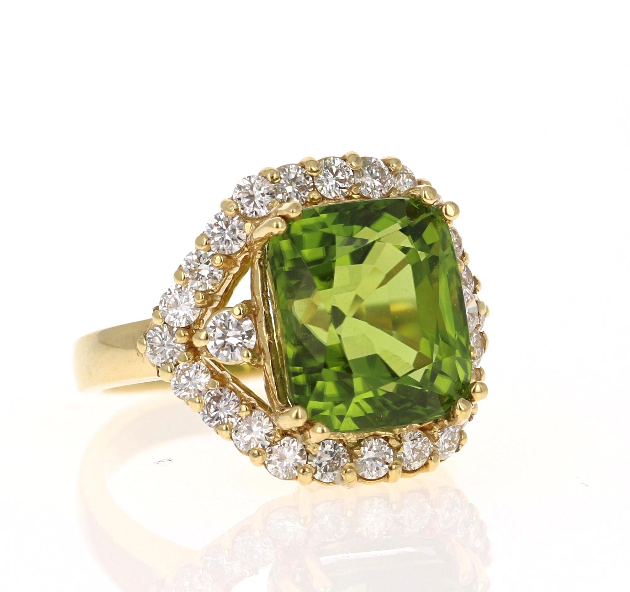 Bright, Beautiful and Bling! 

This Peridot and Diamond Ring has a stunning 10.12 Carat Cushion Cut Peridot and has 26 Round Cut Diamonds weighing 1.20 Carats. The Clarity and Color of the Diamonds is VS2 - H. The Total Carat Weight of the ring is