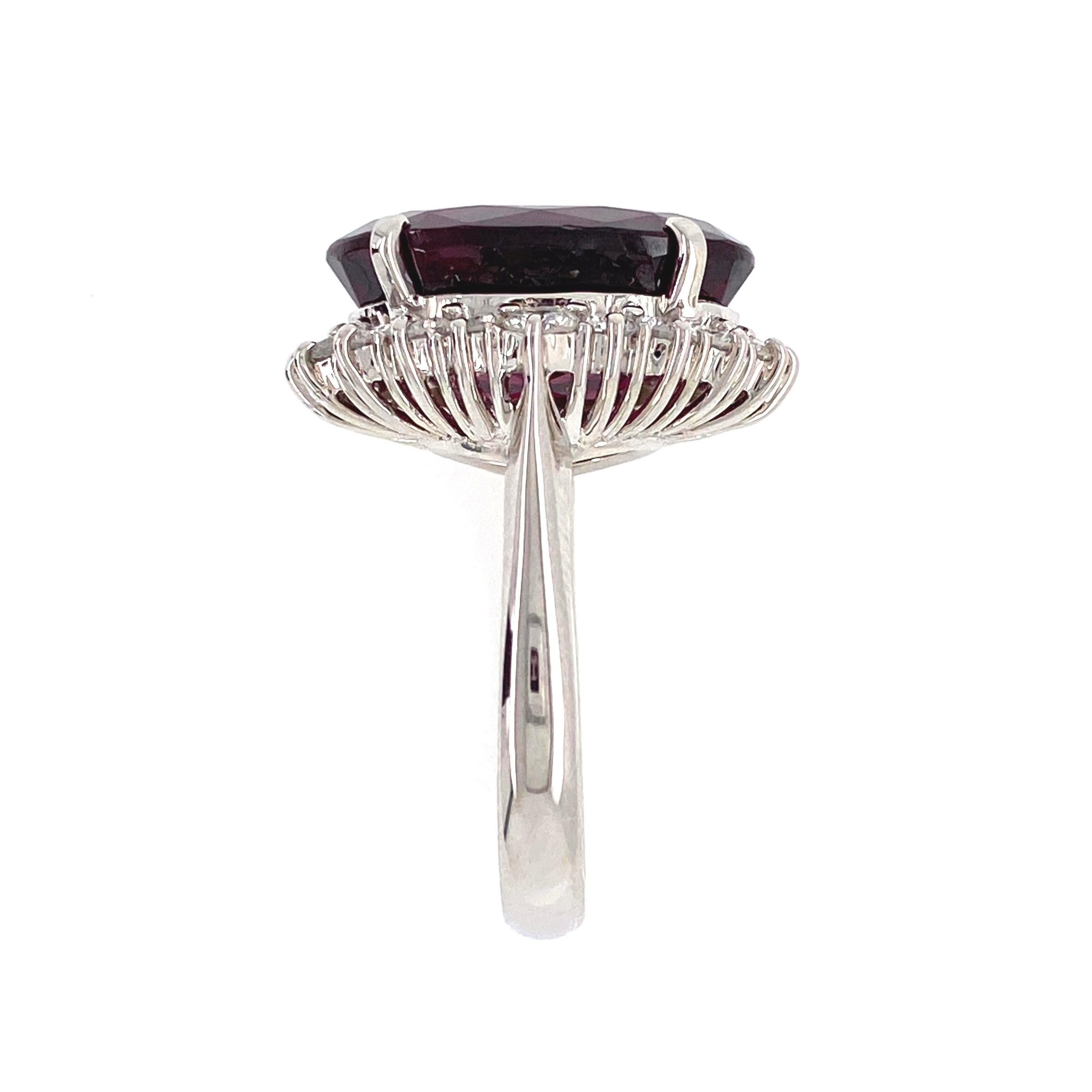 Contemporary 11.32 Carat Rhodolite Garnet Diamond Platinum Cocktail Ring Estate Fine Jewelry For Sale