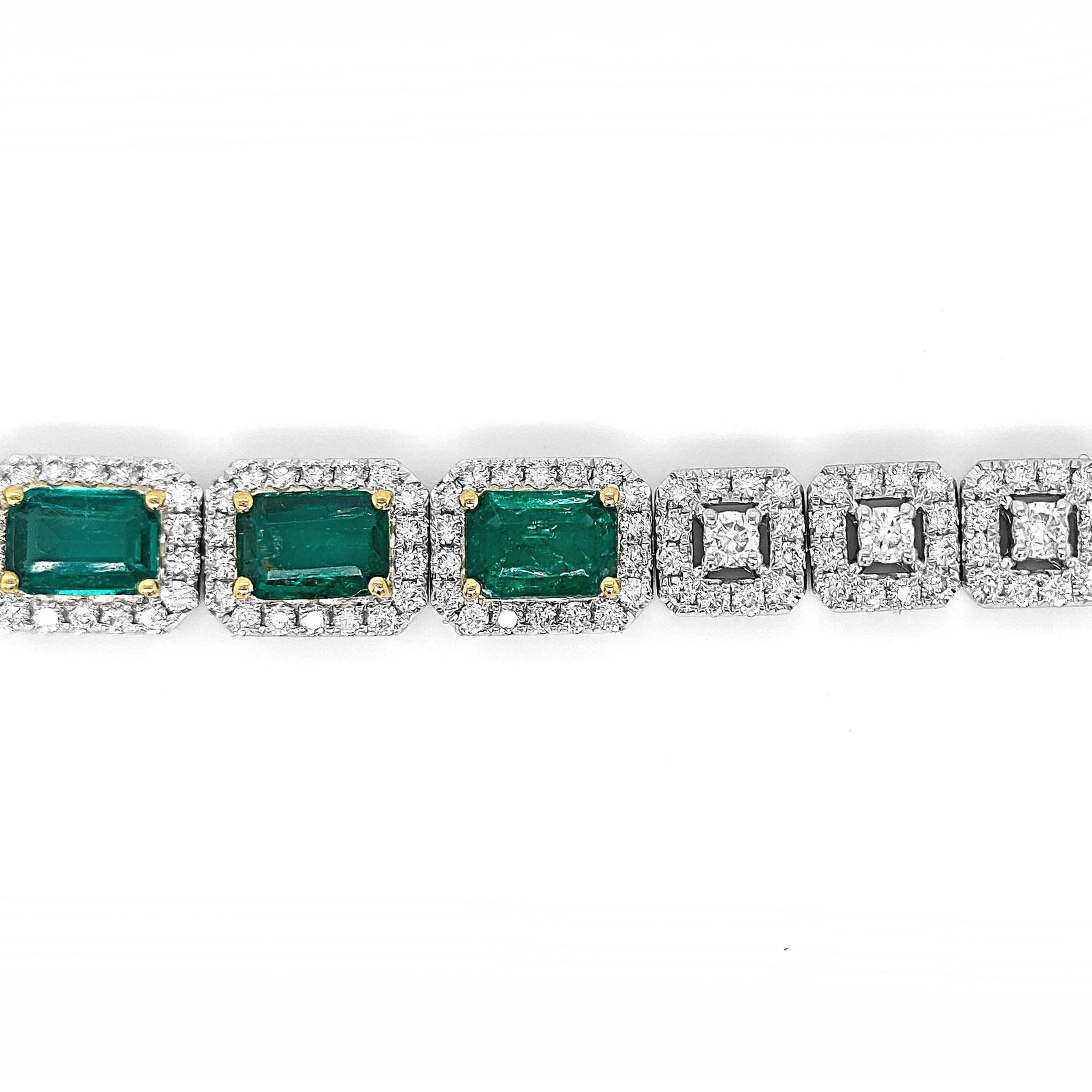 Mixed Cut 11.32 Carats Emerald and White Diamond White Gold Bracelet For Sale
