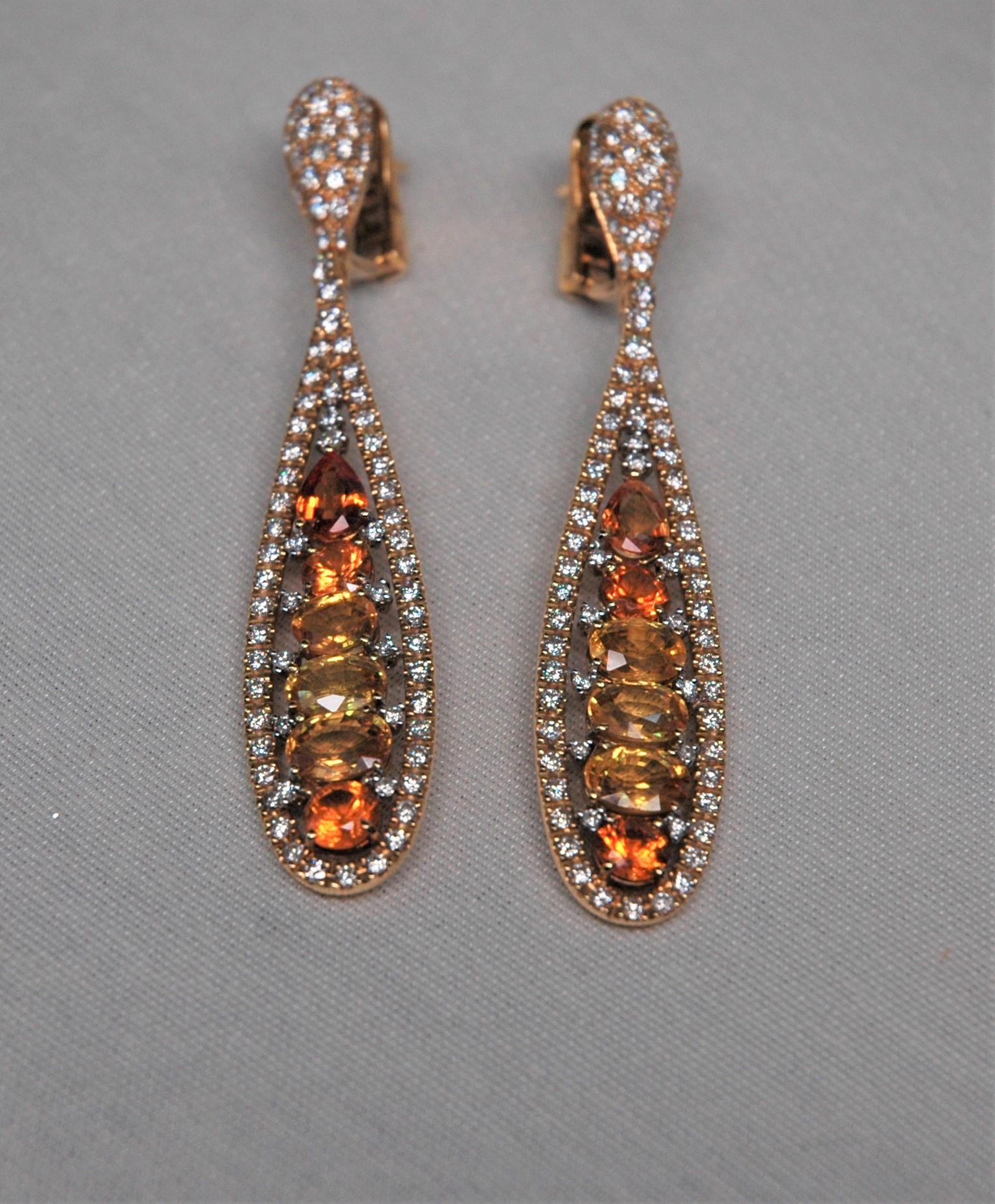 Women's 11.32 Carats Yellow Sapphires, 3.40 Carats Diamonds, Yellow Gold Drop Earrings For Sale