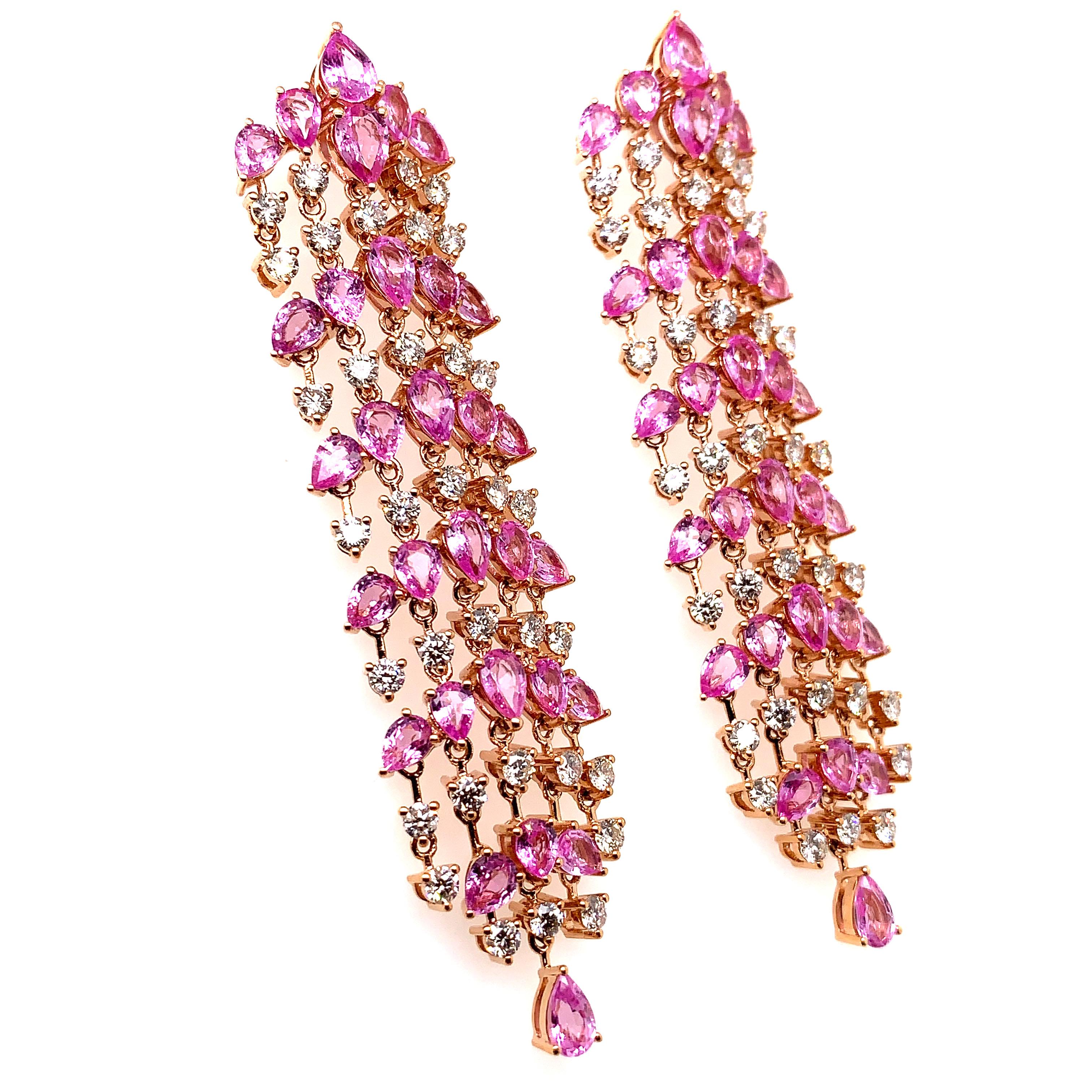 Contemporary 11.322 Carat Pink Sapphire Earring in 18 Karat Rose Gold with Diamonds For Sale