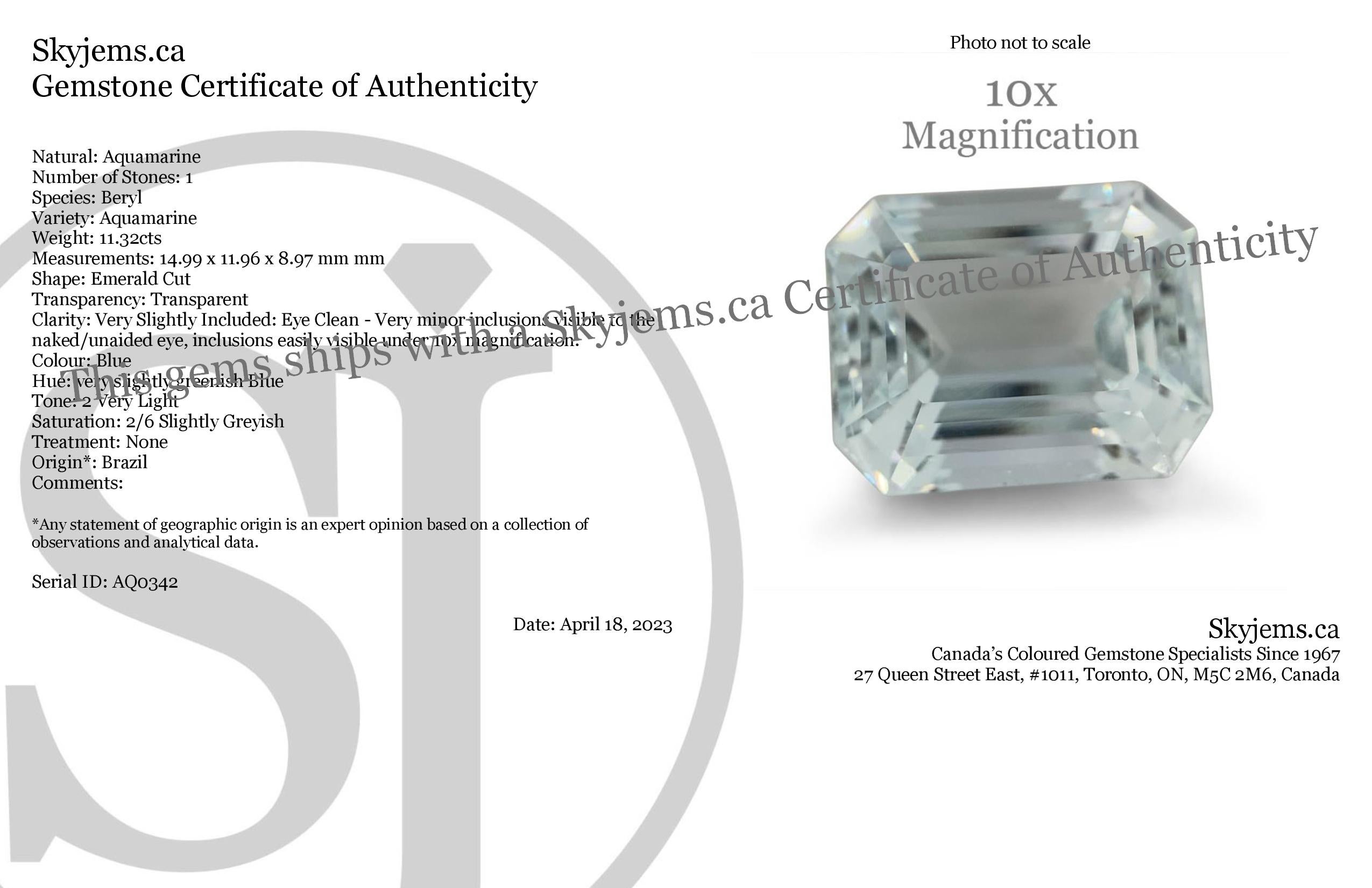 Description:

Gem Type: Aquamarine 
Number of Stones: 1
Weight: 11.32 cts
Measurements: 14.99 x 11.96 x 8.97 mm
Shape: Emerald Cut
Cutting Style Crown: Step Cut
Cutting Style Pavilion: Step Cut 
Transparency: None
Clarity: Very Slightly Included: