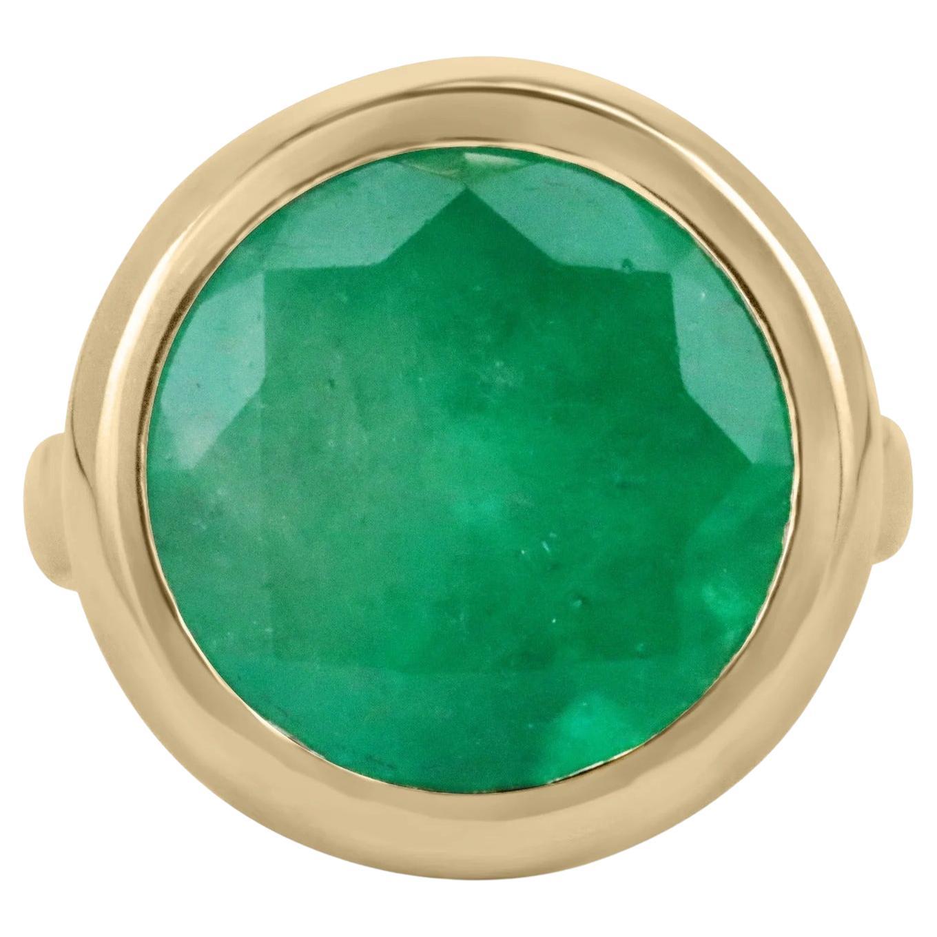 11.33 Carat Boho Inspired Colombian Emerald Round Bezel Statement Ring 18K For Sale