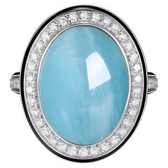 11.33 Carat Cabochon Aquamarine Diamond Enamel Ring in 18 Karat White Gold