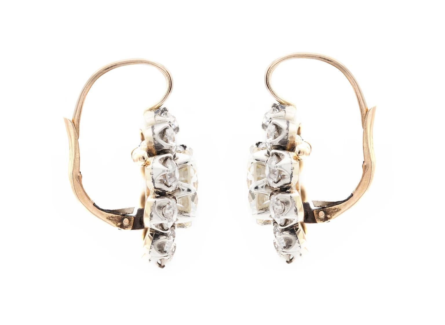 Victorien Boucles d'oreilles pendantes avec grappe de diamants de 11,33 carats de taille européenne ancienne en vente