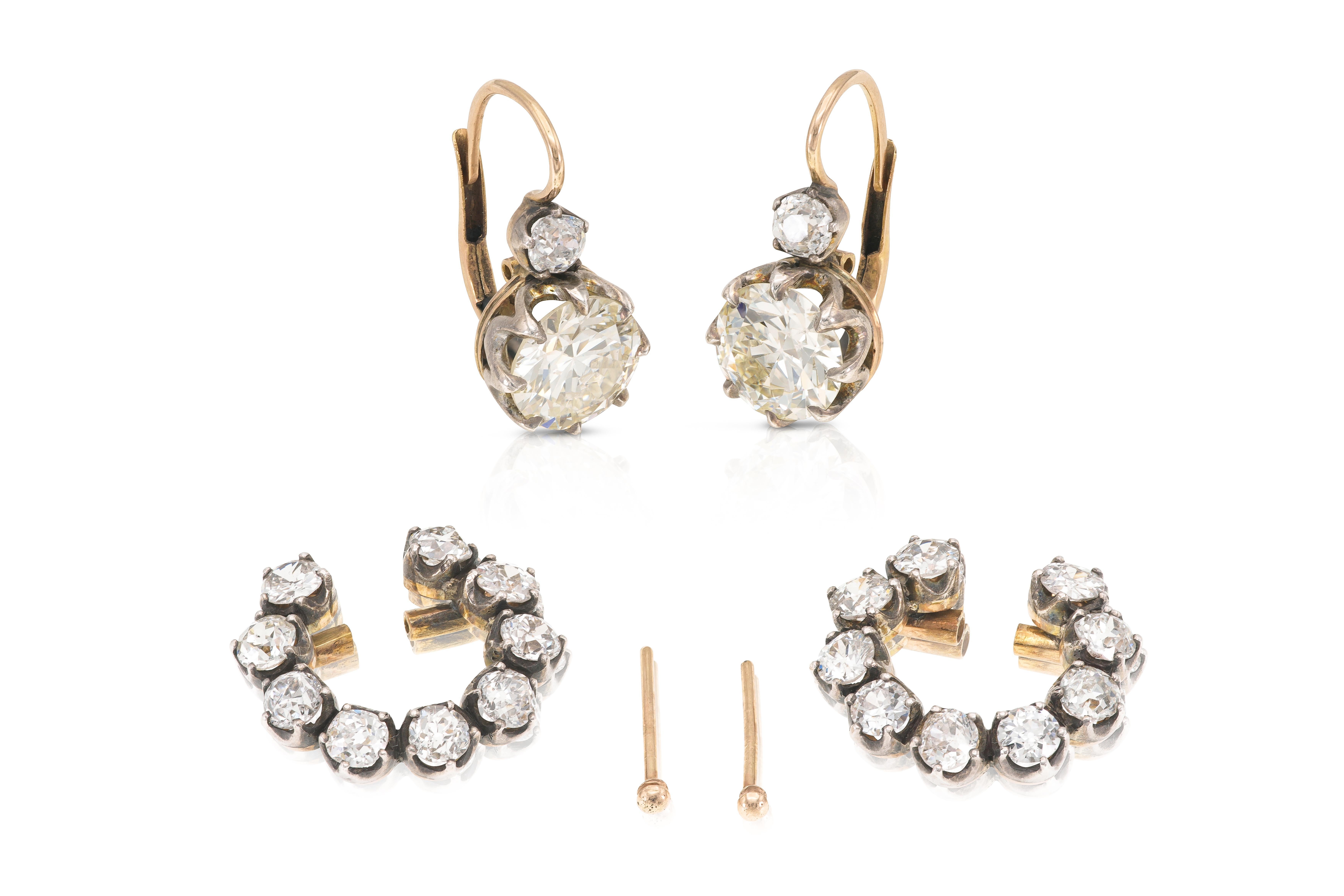 Boucles d'oreilles pendantes avec grappe de diamants de 11,33 carats de taille européenne ancienne en vente 2