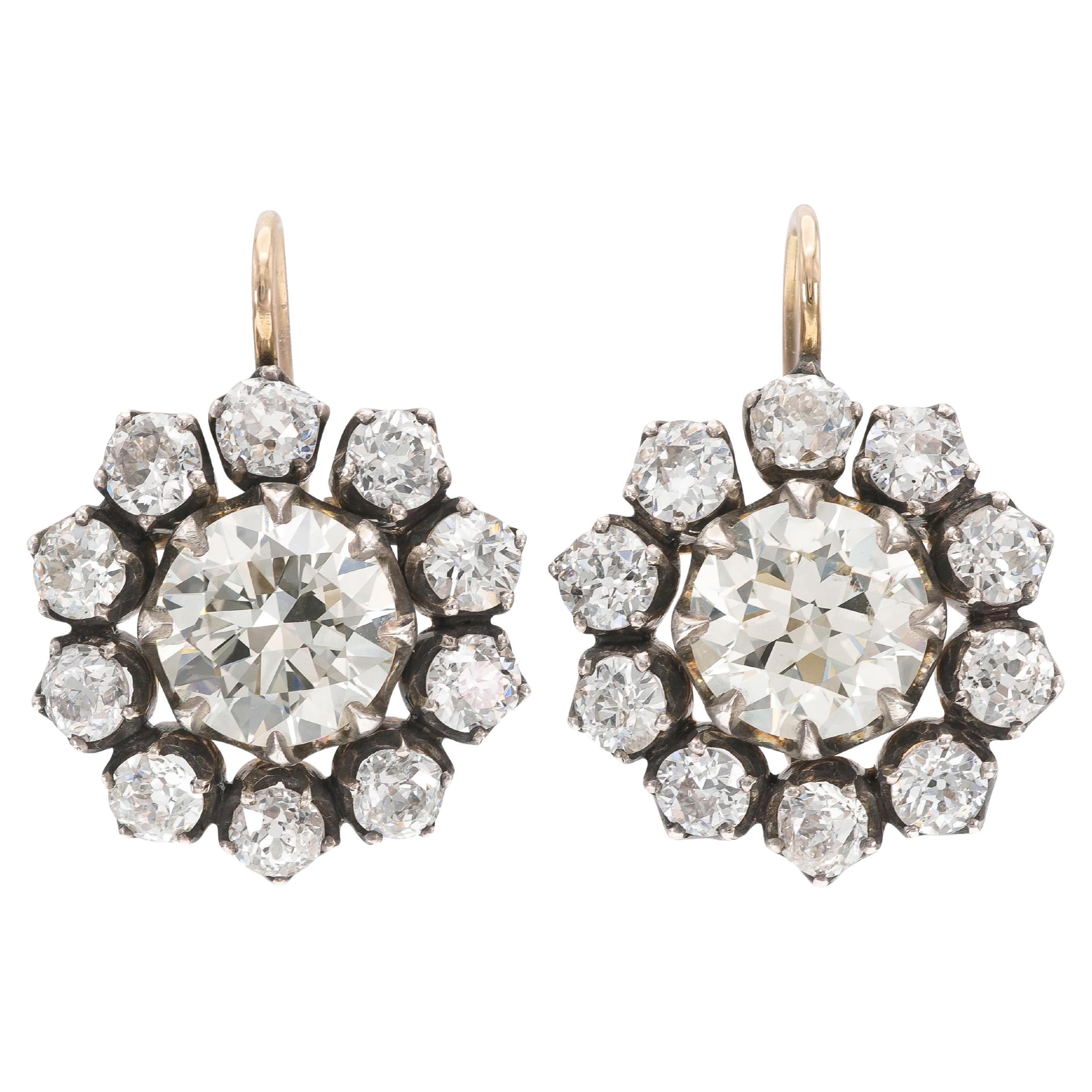 11.33 Carat Old European Cut Diamond Cluster Drop Earrings