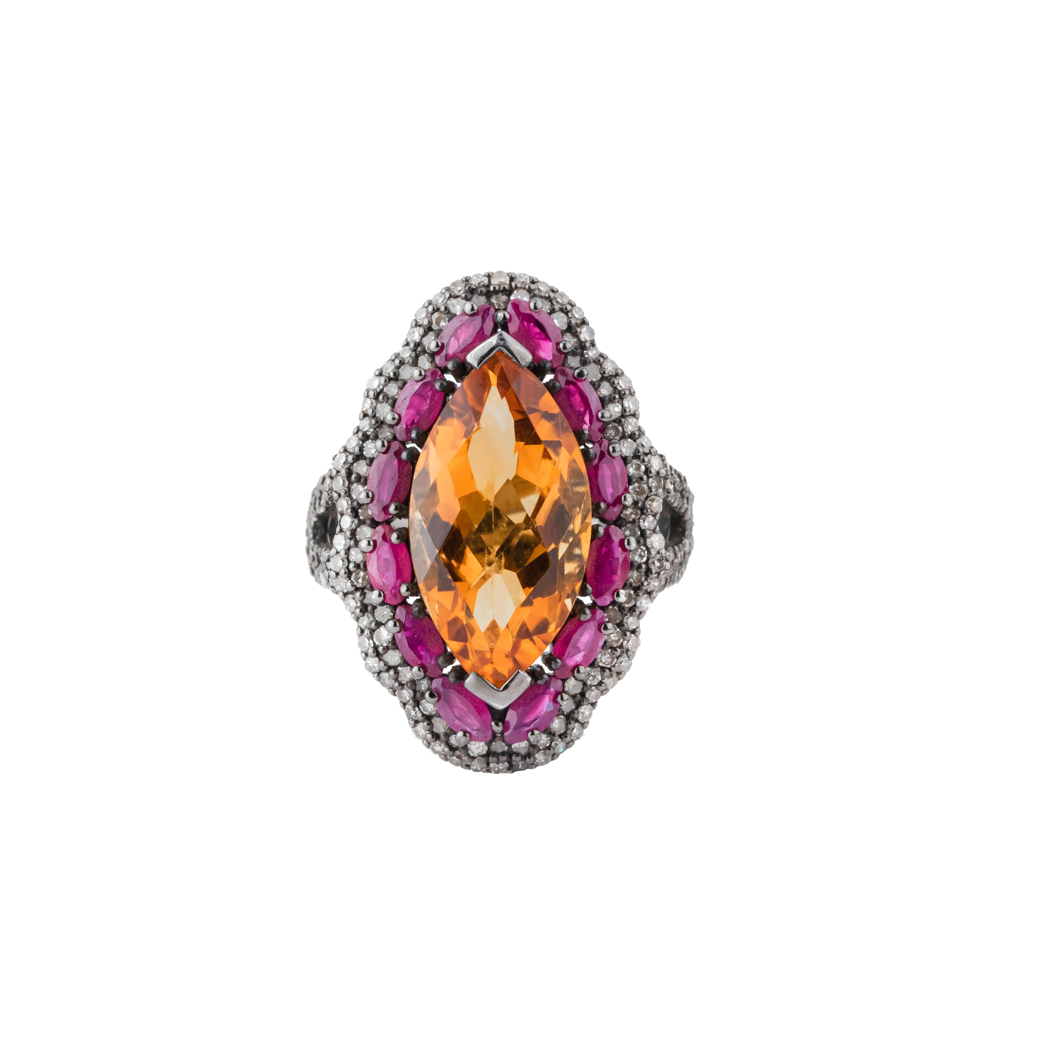 Contemporary 11.34 Carat Diamond, Golden Topaz and Ruby Cocktail Ring For Sale