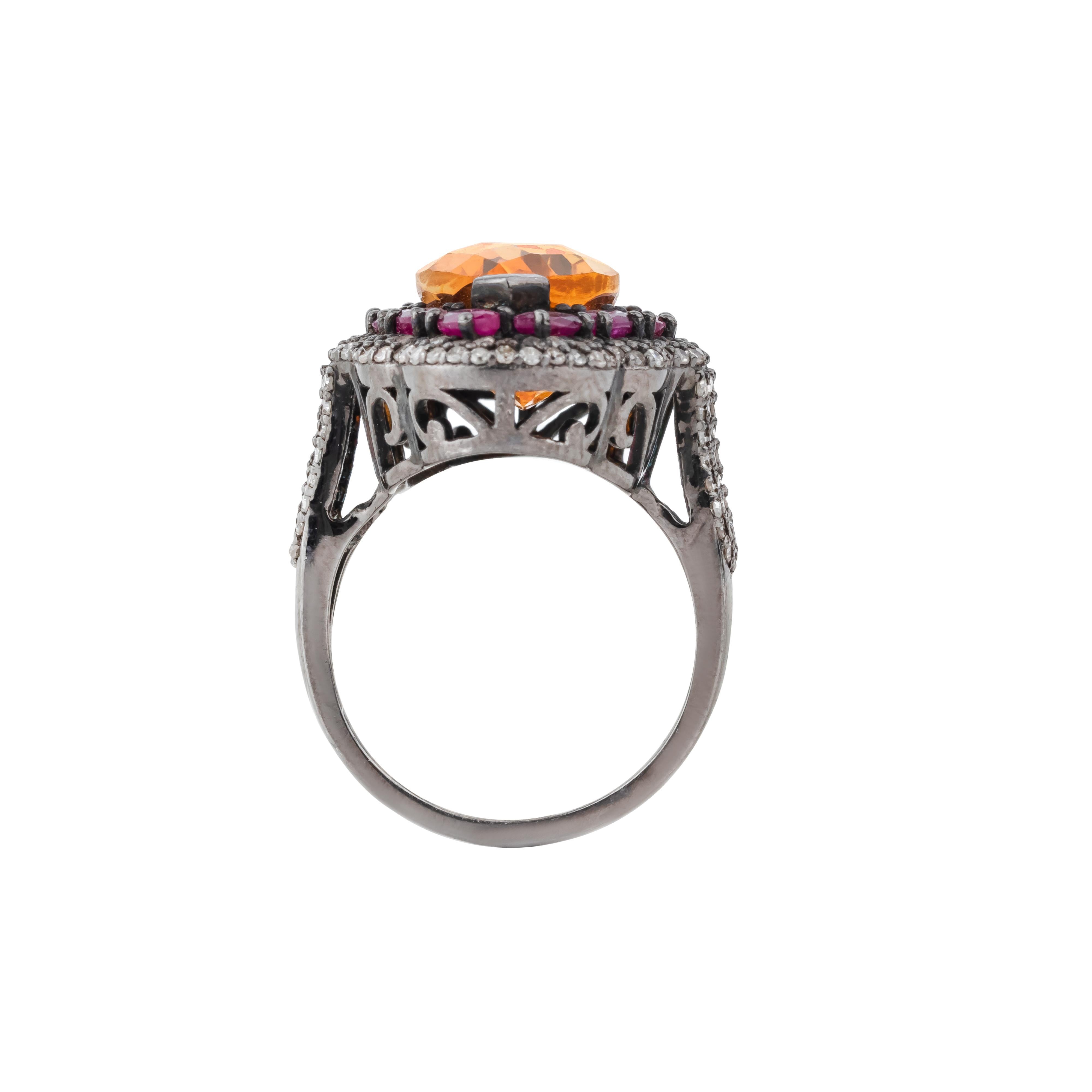 Round Cut 11.34 Carat Diamond, Golden Topaz and Ruby Cocktail Ring For Sale