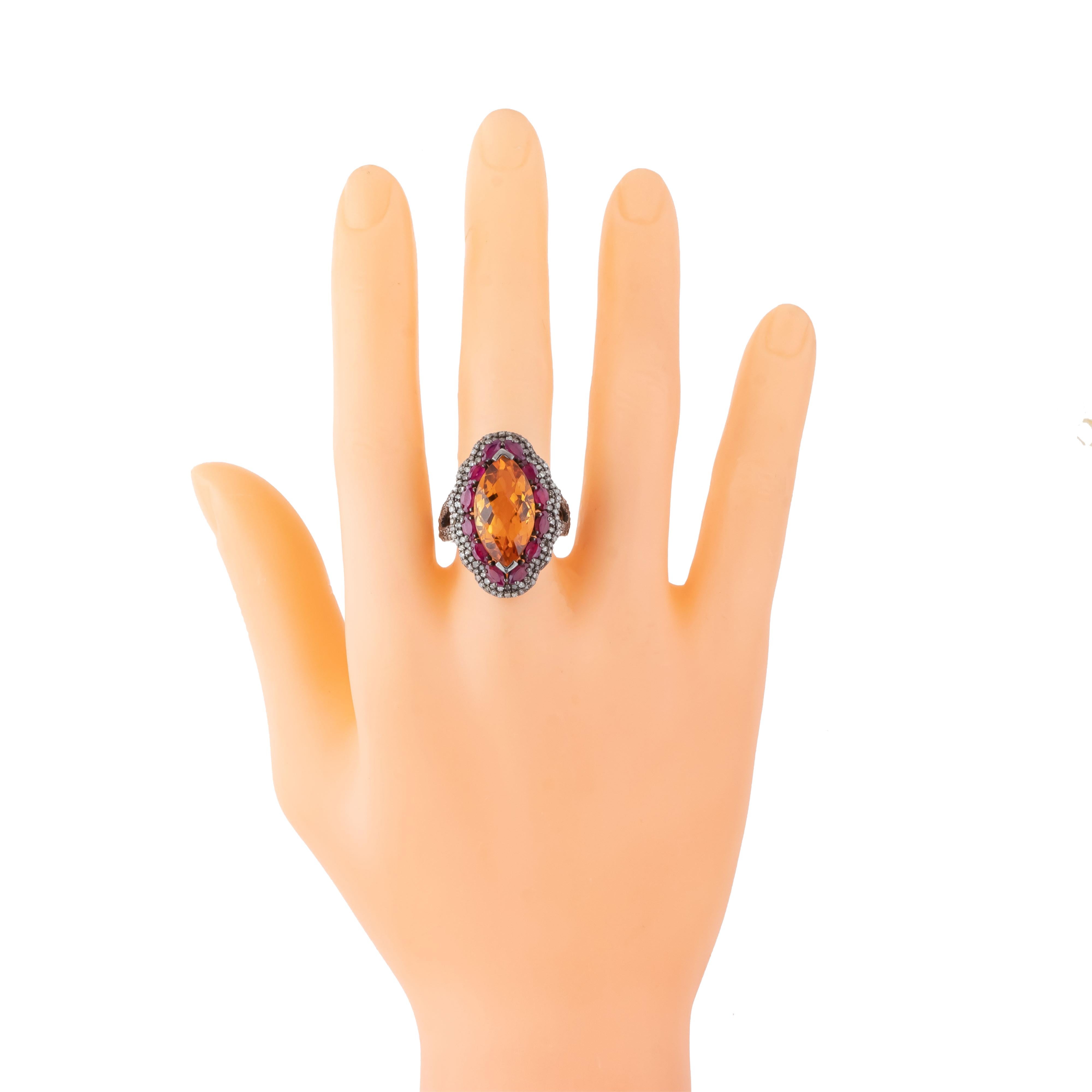 11.34 Carat Diamond, Golden Topaz and Ruby Cocktail Ring In New Condition For Sale In Jaipur, IN