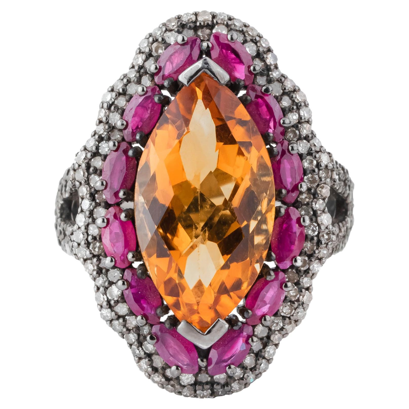 11.34 Carat Diamond, Golden Topaz and Ruby Cocktail Ring For Sale