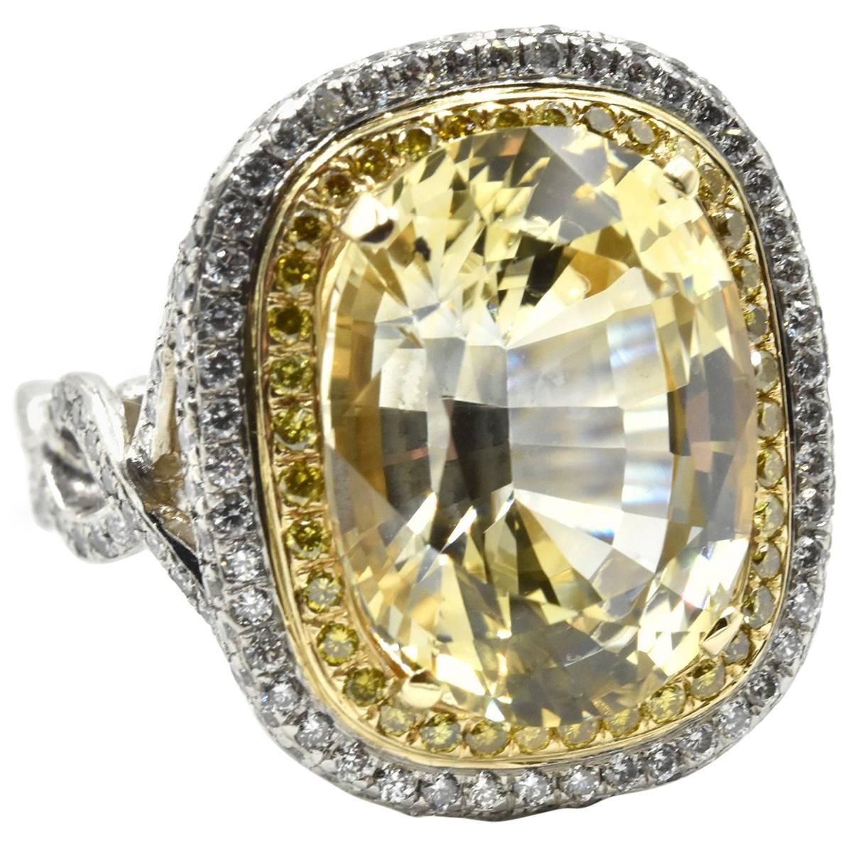11.34 Carat Yellow Sapphire with White and Yellow Diamond Platinum Ring